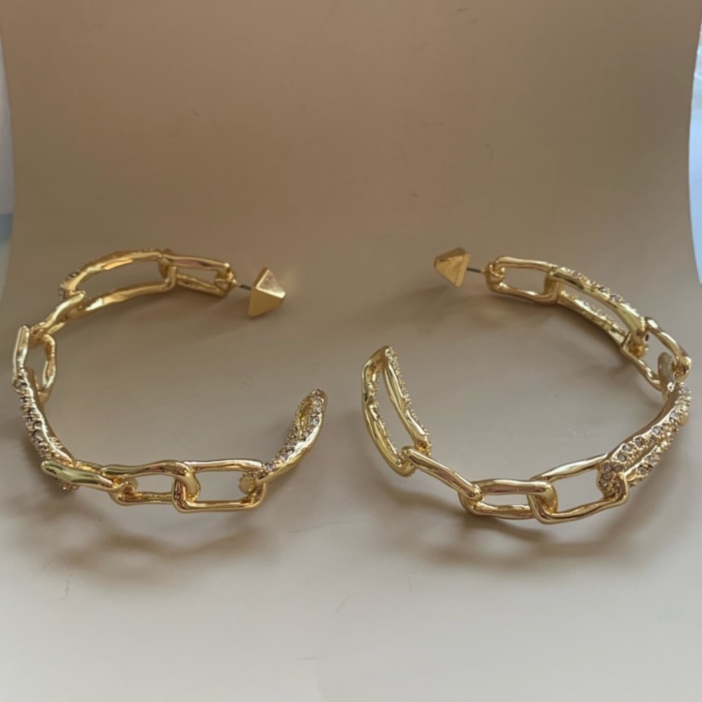 Alexis Bittar XL Golden Crystal Encrusted Textured Chain Link Hoop Post Earrings - Picture 13 of 16